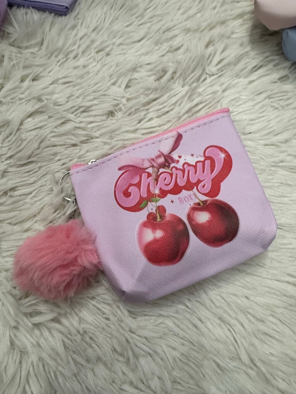 Pink cherry coin pouch with pom pom keychain